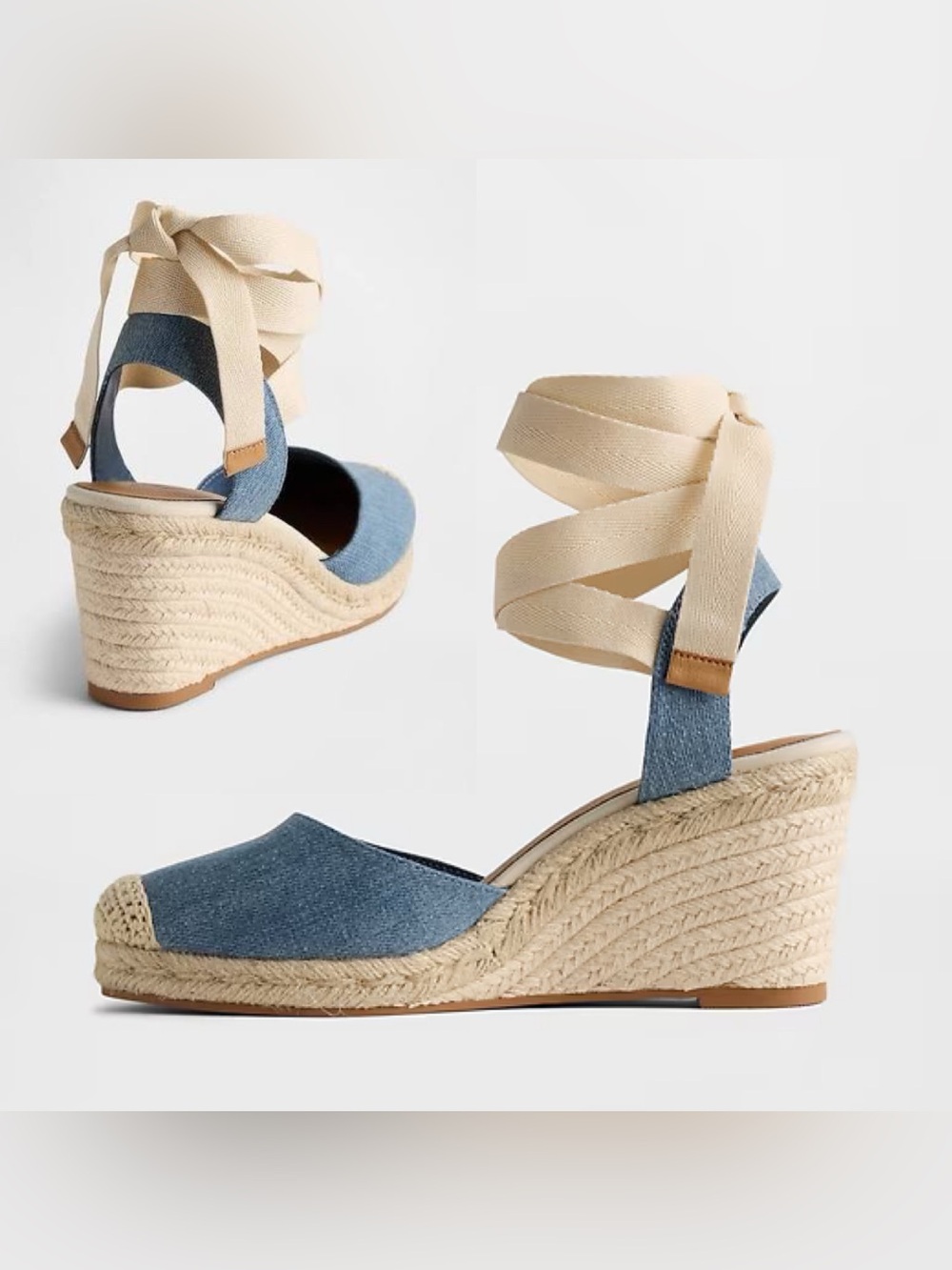 GAP Denim Blue Espadrille Wedge Sandals with Cream Ankle Wrap